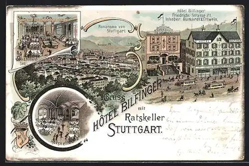 Lithographie Stuttgart, Hotel Bilfinger, Friedrichs-Strasse 21, Billardsaal, Ratskeller