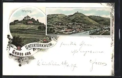 Lithographie Untertürkheim Rothenberg und Flusspartie