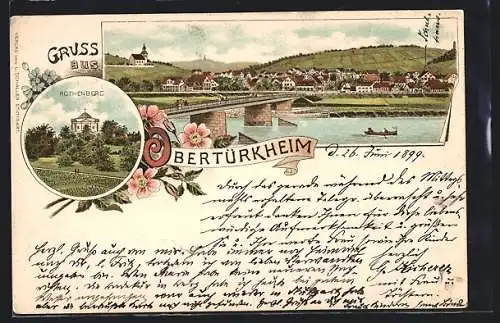 Lithographie Obertürkheim, Flusspartie und Rothenberg