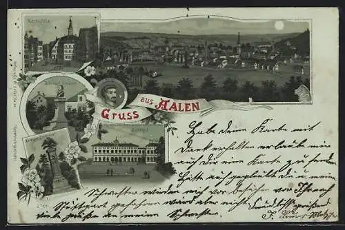 Mondschein-Lithographie Aalen, Schubart-Denkmal, Bahnhof, Krieger-Denkmal und Marktplatz