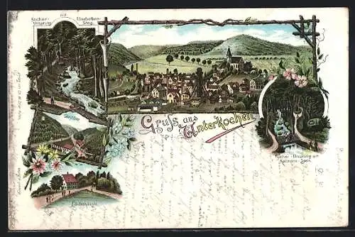 Lithographie Unterkochen, Läuterhäusle, Glashüte, Ortsansicht