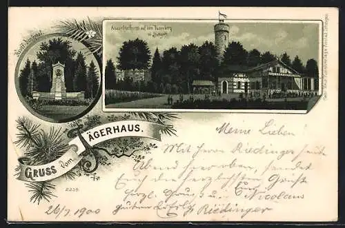 Lithographie Stuttgart, Gasthof Jägerhaus, Aussichtsturm, Hauff-Denkmal