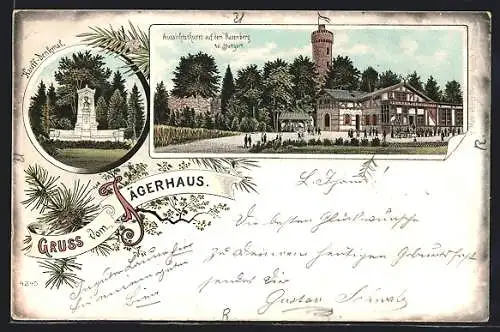 Lithographie Stuttgart, Jägerhaus, Aussichtsturm Hasenberg, Hauff Denkmal