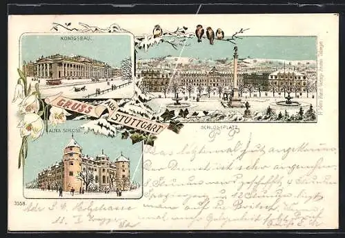 Winter-Lithographie Stuttgart, Königsbau, Altes Schloss, Schlossplatz