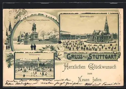 Winter-Lithographie Stuttgart, Schlossplatz, Kaiser Wilhelm-Denkmal, Johanniskirche