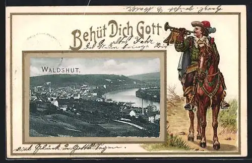 Passepartout-Lithographie Waldshut, Gesamtansicht am Fluss vom Berg aus, Fanfarenbläser im Passepartout