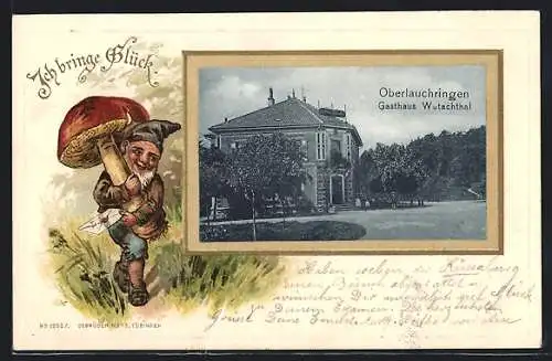 Passepartout-Lithographie Oberlauchringen, Das Gasthaus Wutachthal, Zwerg mit einem Pilz im Passepartout