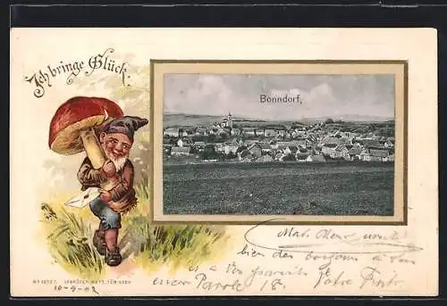 Passepartout-Lithographie Bonndorf / Schwarzwald, Gesamtansicht vom Feld aus, Zwerg mit Pilz und Brief im Passepartout