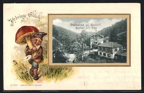 Passepartout-Lithographie Bonndorf / Baden, Gasthof Steinabad, Inh. Jul. Vogt, Zwerg mit Pilz und Brief im Passepartout