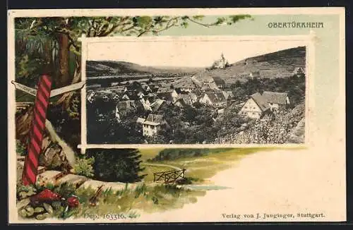 Passepartout-Lithographie Obertürkheim, Ortsansicht aus der Vogelschau, Wegweiser in württb. Farben im Passepartout