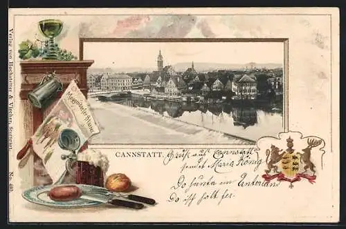 Passepartout-Lithographie Cannstatt, Teilansicht aus der Vogelschau mit Wappen und gedecktem Tisch