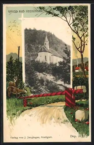 Passepartout-Lithographie Hechingen, Blick auf die Kirche