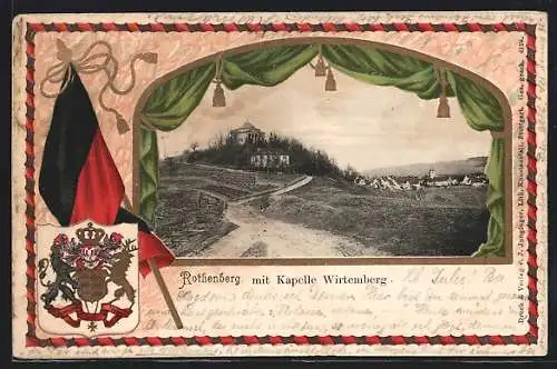 Passepartout-Lithographie Rothenberg / Stuttgart, Ortsansicht mit Kapelle Wirtemberg, Württembergische Flagge und Wappen