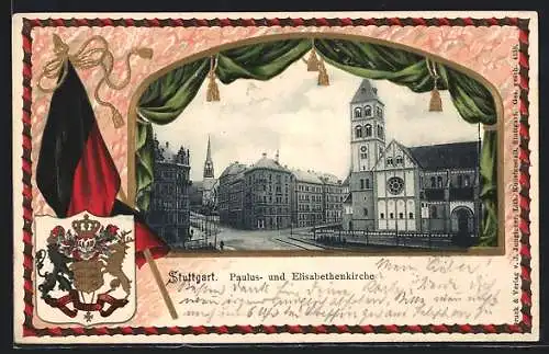 Passepartout-Lithographie Stuttgart, Paulus- und Elisabethen-Kirche, Wappen