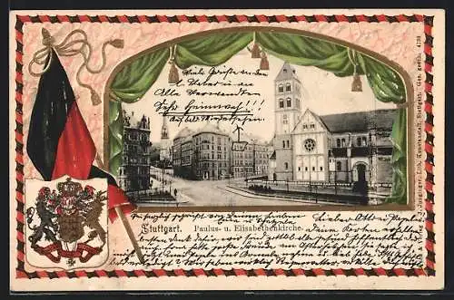 Passepartout-Lithographie Stuttgart, Paulus- und Elisabethenkirche, Württembergische Flagge und Wappen