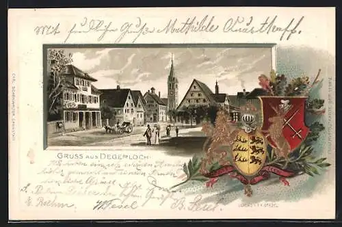 Passepartout-Lithographie Degerloch, Hauptplatz, Kirche, Stadtwappen