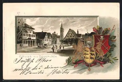 Passepartout-Lithographie Degerloch, Hauptplatz, Kirche, Stadtwappen