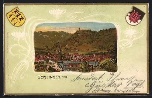 Passepartout-Lithographie Geislingen a. St., Ortsansicht gegen die Berge, Württbg. und Ortswappen, Jugendstil-Ornament