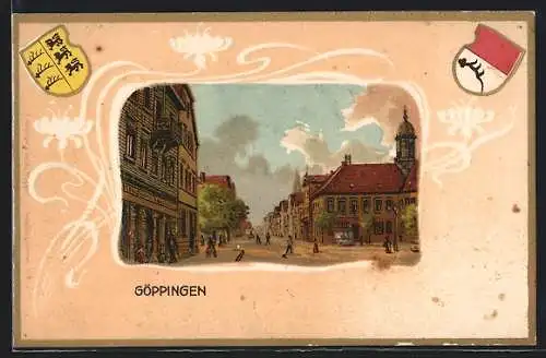 Passepartout-Lithographie Göppingen, Ortsansicht mit Strassenpartie, Wappen