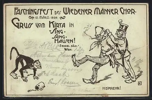 Künstler-AK Wien, Faschingsfest des Wiedener Männer-Chor 1899, Betrunkener kehrt heim