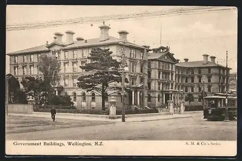 AK Wellington, Government Buildings, Strassenbahn