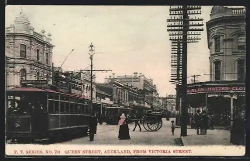 AK Auckland, Queen Street from Victoria Street, Strassenbahnen