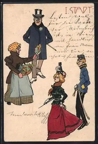 Künstler-AK Wiener Stadttypen, Soldat, Blumenverkäuferin und elegant gekleidetes Fräulein