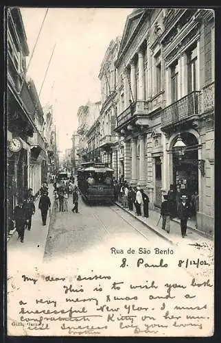 AK Sao Bento, Strassenpartie mit Strassenbahn und Passanten