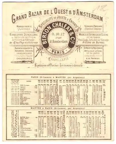 Vertreterkarte Amsterdam, Grand Bazar de L`Ouest et d`Amsterdam, Berton. Chaleat & Cie., 8,10,12 rie d`Amsterdam