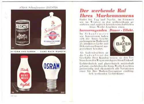 Vertreterkarte Atrax Werbeleuchten, Bayer, Osram, Nescafe, Sinalco, Onko Kaffee, Kaffee Hag