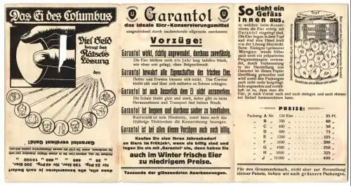 Vertreterkarte Garantol Eier-Konservierungsmittel, das Ei des Columbus
