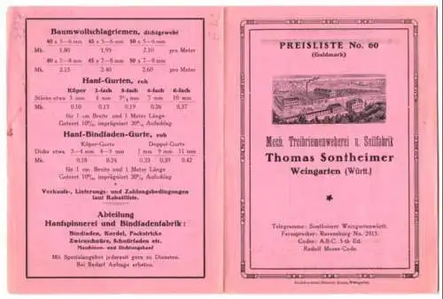 Vertreterkarte Weingarten /Württ., Treibriemenweberei u. Seilfabrik Thomas Sontheimer, Werksansicht