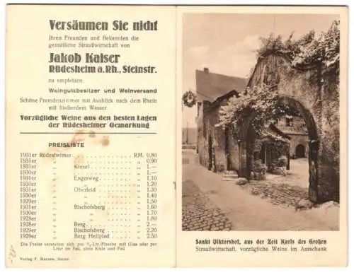 Vertreterkarte Rüdesheim a. Rh., Weingut und Weinversand Jakob Kaiser, Steinstrasse