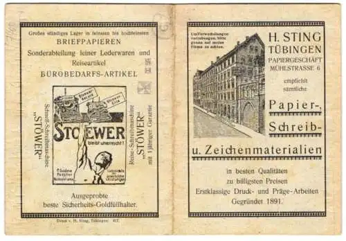 Vertreterkarte Tübingen, Papiergeschäft H. Sting, Mühlstrasse 6, Reise-Schreibmaschine Stöwer