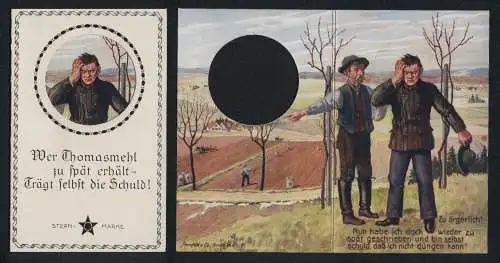 Vertreterkarte Thomasmehl, Sternmarke, Ratlose Bauern auf einem Feld
