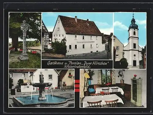 AK Kleinrinderfeld, Gasthaus u. Pension Zum Hirschen, Kirche, Denkmal, Brunnen