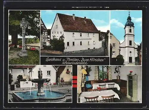 AK Kleinrinderfeld, Gasthaus Zum Hirschen, Kirche und Brunnen