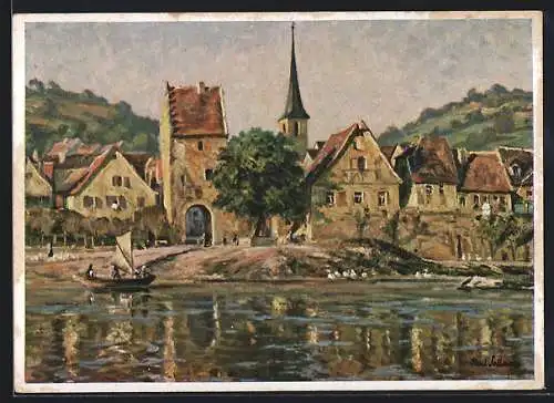 Künstler-AK Frickenhausen am Main, Blick vom Fluss auf Tor und Kirchturm
