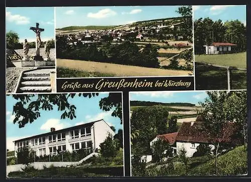 AK Greussenheim bei Würzburg, Kreuzigungsgruppe, Sportplatz, Schule