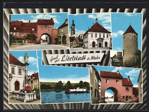 AK Eibelstadt a. Main, Strassenpartie mit Gebäudeansicht, Tor, Denkmal