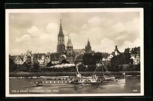 AK Ulm, Panorama mit Donaudampfer Ulm-Wien und Münster