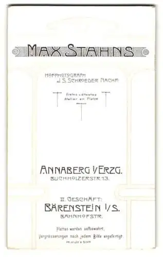 Fotografie Max Stahns, Annaberg i. Erzg., Anschrift des Ateliers sowie des II. Geschäft in Bärenstein