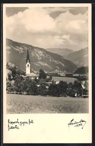 Foto-AK Hans Hruschka Nr. 1272: Hippach, Ortsansicht gegen Zell mit Kirche