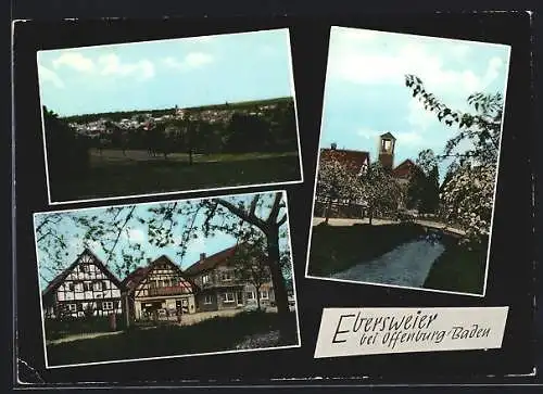 AK Ebersweier bei Offenburg, Flusspartie mit Blick zur Kirche im Frühling, Fachwerkhäuser