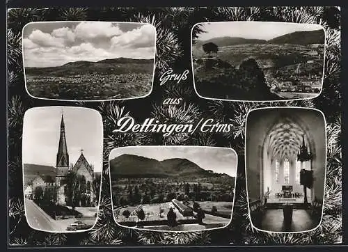 AK Dettingen /Erms, Die Kirche mit Innenansicht, das Freibad, Gesamtansicht aus der Ferne