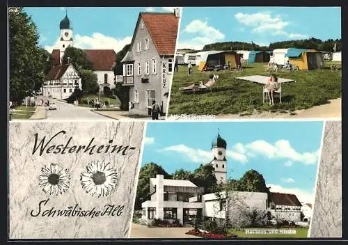 AK Westerheim /Schwäbische Alb, Café Kreuz, Alb-Campingplatz, Rathaus und Kirche