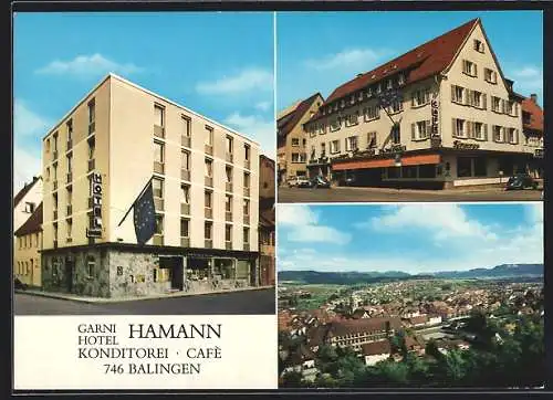 AK Balingen /Württ., Hotel Garni Hamann, Haupthaus Friedrichstr. 19 und Neubau Neue Strasse 11