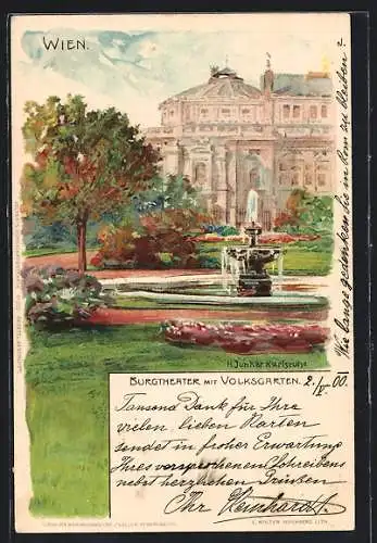 Künstler-Lithographie H. Junker: Wien, Burgtheater mit Volksgarten