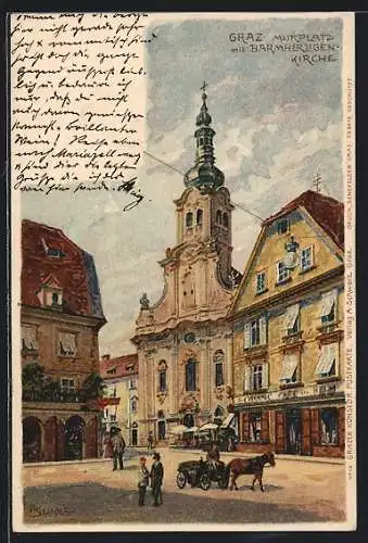 Künstler-AK Graz, Murplatz mit Barmherizgen-Kirche