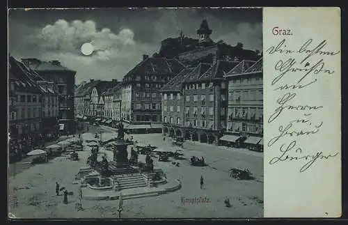Mondschein-AK Graz, Hauptplatz mit Geschäften und Denkmal